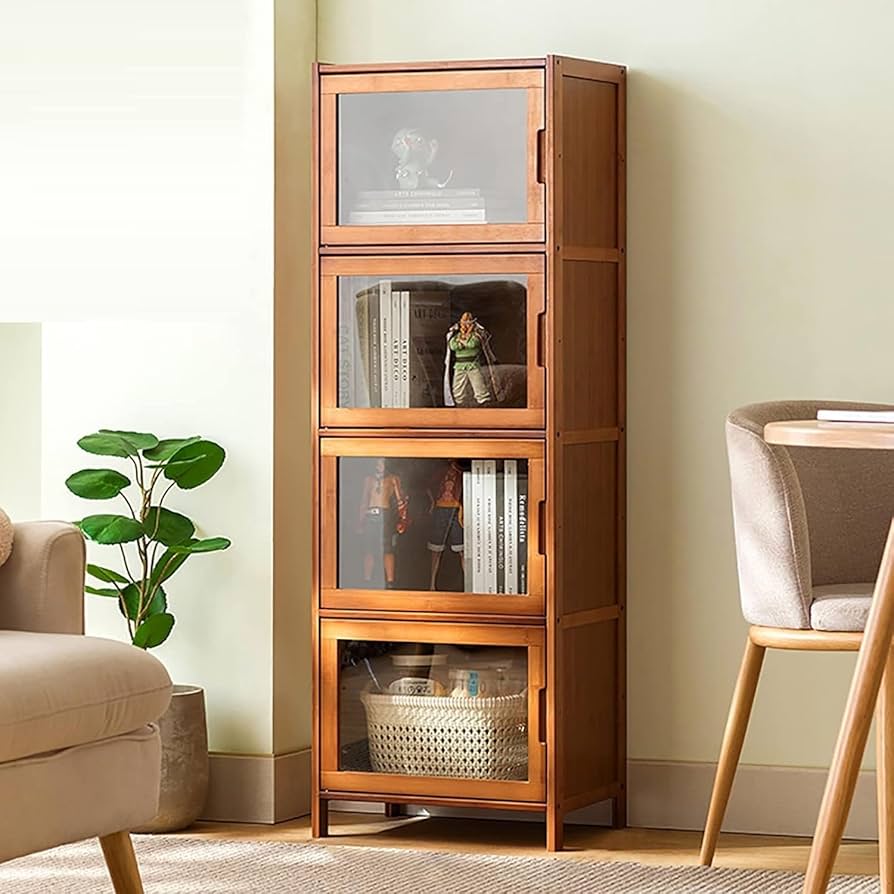 ベージュの9段扉付き収納棚 ラック 両開き たっぷり収納 昭和レトロ